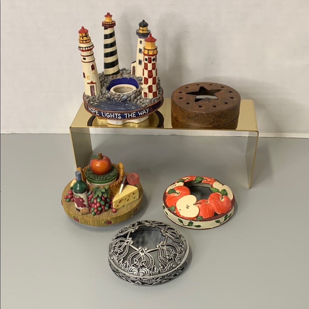 Lot of 5 Yankee Candle Toppers Lighthouse, Fruit Themed, apple, metal
